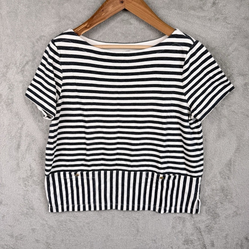 Brooks Brothers Top Womens XL Black White Striped Cotton Knit Scoop Neck S/S